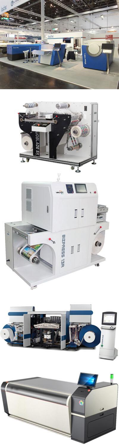 Alcuni dei sistemi nel catalogo NTG Digital: dall'alto, Luscher MDX; Valloy Bizpress 13R e Doubleblade SX; Domino 610i; Cron flexo 2000